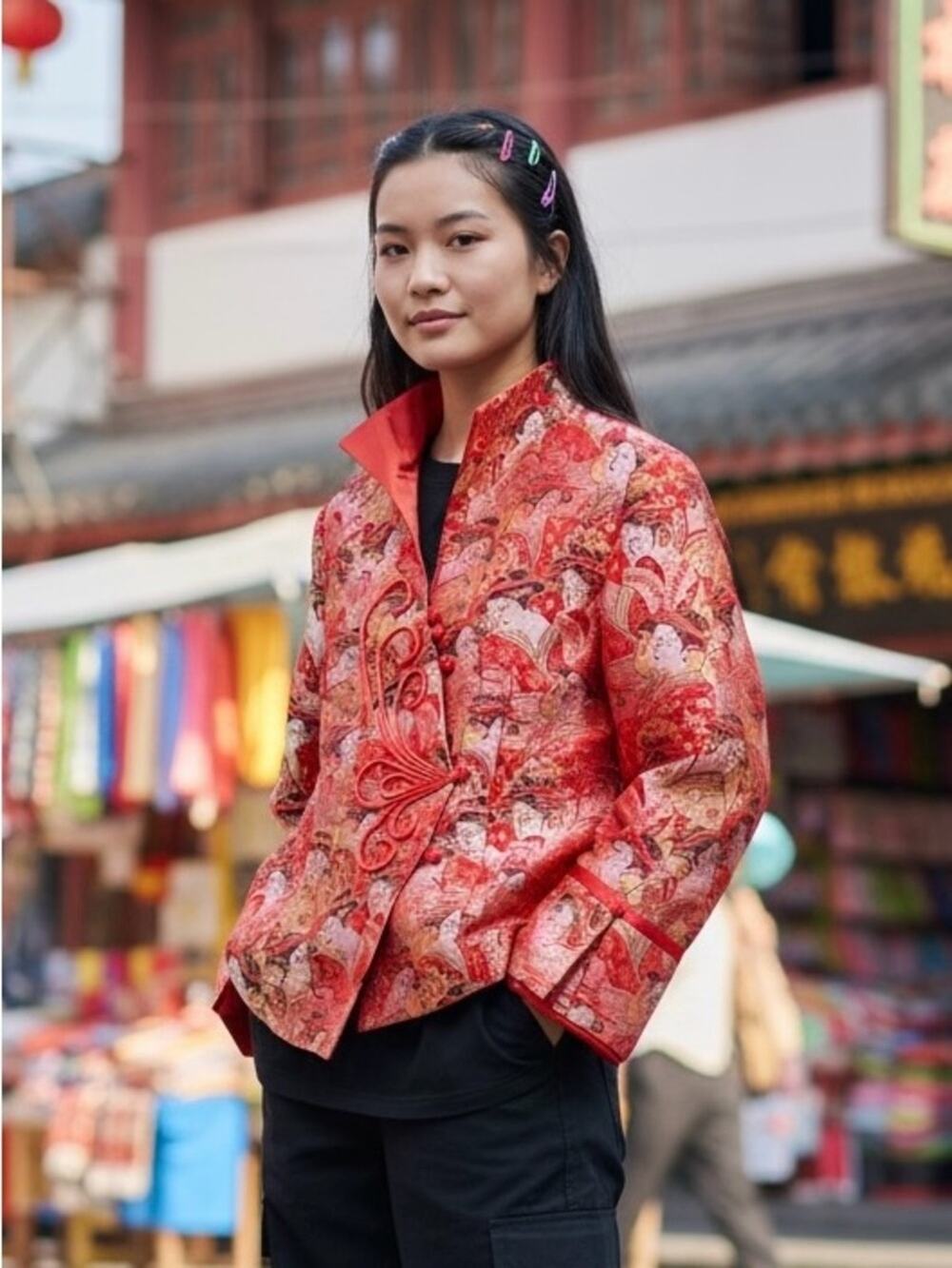 Vintage Red Traditional Chinese Asian Motif Jacket w/ Frog Closures, Women's XL
